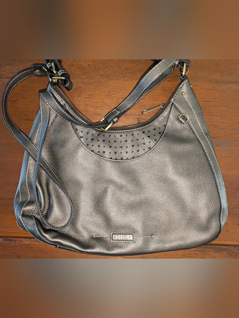 Chala Metallic Pewter Pebbled Hobo Shoulder Bag